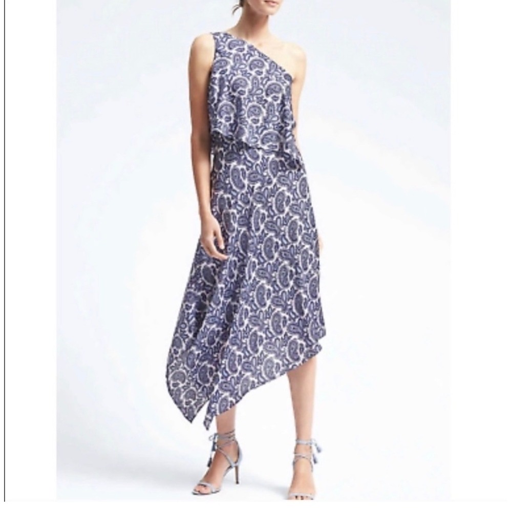 Banana Republic One Shoulder Paisley Asymmetrical Midi Dress Navy White 6